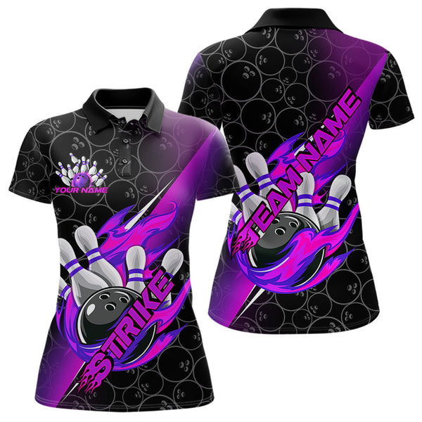 Maxcorners Custom Black And Blue Purple Flame Strike Bowling Men Polo Shirts, Bowling Ball Pattern Shirt