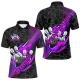 Maxcorners Custom Black And Blue Purple Flame Strike Bowling Men Polo Shirts, Bowling Ball Pattern Shirt