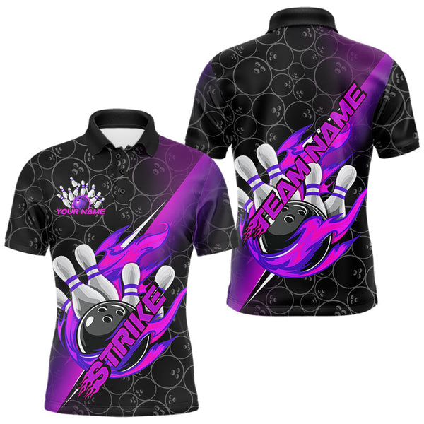 Maxcorners Custom Black And Blue Purple Flame Strike Bowling Men Polo Shirts, Bowling Ball Pattern Shirt