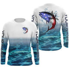 Maxcorners American Flag Tuna Long Sleeve Fishing Shirts, Custom Patriotic Tuna Tournament Fishing Shirts LM2408