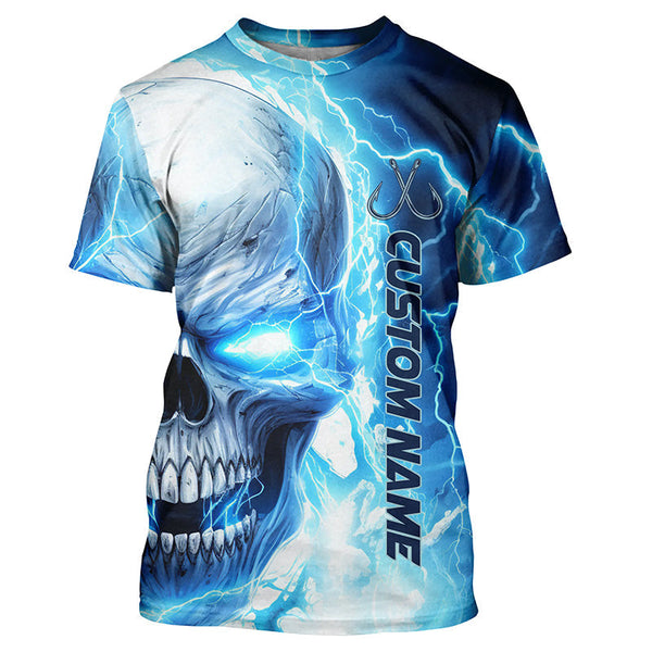 Maxcorners Blue Thunder Lightning Skull Custom Long Sleeve Fishing Shirts, Fish Hook Skull Fishing Jerseys LM2408