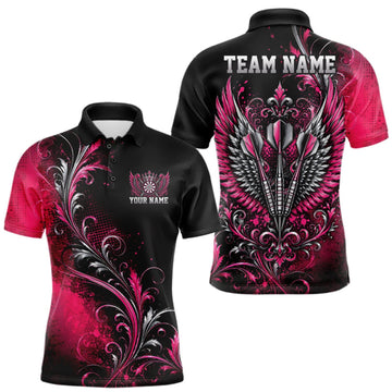 Maxcorners Custom Black And Pink Floral Darts With Wings Men Polo Shirt, Dart Team Jersey LM0409