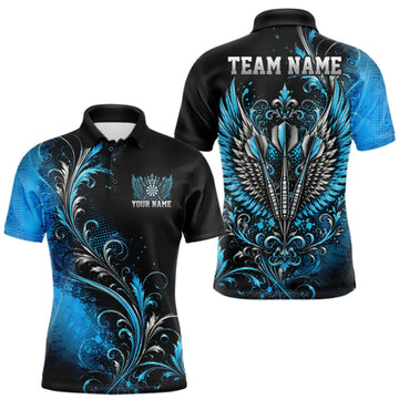 Maxcorners Custom Black And Blue Floral Darts With Wings Men Polo Shirt, Dart Team Jersey LM0409