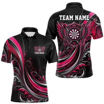Maxcorners Custom Pink Swirls Crossed Darts And Dartboard Crest With Wings Men Polo Dart Shirt LM0409