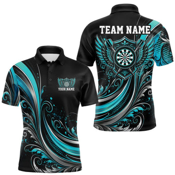 Maxcorners Custom Turquoise Blue Swirls Crossed Darts And Dartboard With Wings Men Polo Dart Shirt LM0409