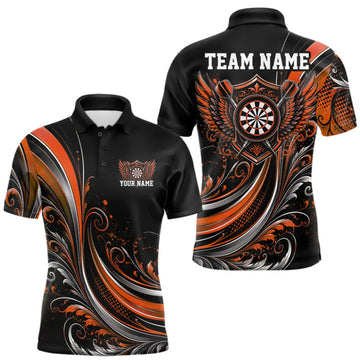 Maxcorners Custom Orange Swirls Crossed Darts And Dartboard Crest With Wings Men Polo Dart Shirt LM0409