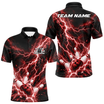 Maxcorners Custom Red Lightning Bowling Team Men Polo Shirt, Bowling Tournament Jerseys LM0410