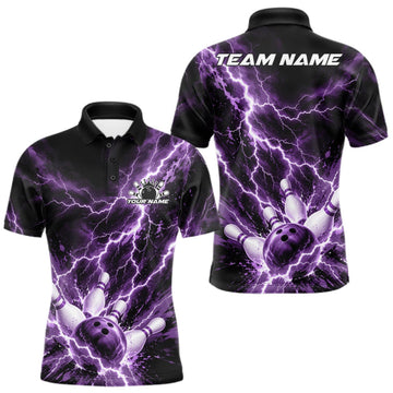 Maxcorners Custom Purple Lightning Bowling Team Men Polo Shirt, Bowling Tournament Jerseys LM0410