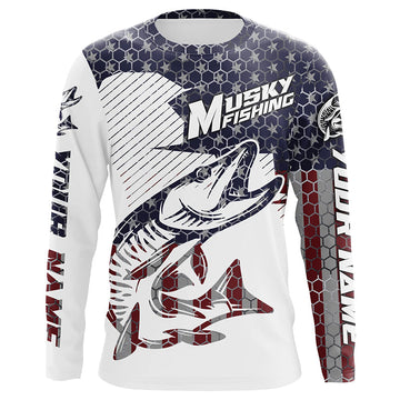Maxcorners Musky American Flag Custom Fishing Shirts, Patriotic Muskie Fishing Jerseys LM0501