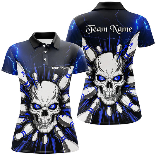 Maxcorners Blue Lightning Thunder Custom Skull Bowling Shirt For Men, Halloween Bowling Team Polo Shirt