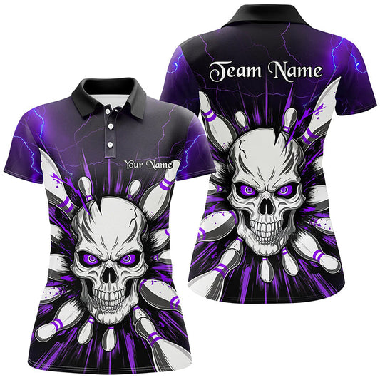 Maxcorners Purple Lightning Thunder Custom Skull Bowling Shirt For Men, Halloween Bowling Team Polo Shirt