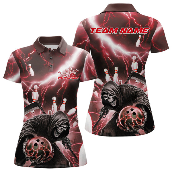 Maxcorners Custom Red Thunder Lightning Grim Reaper Bowling Men Polo Shirt, Halloween Bowling Outfit MT0609
