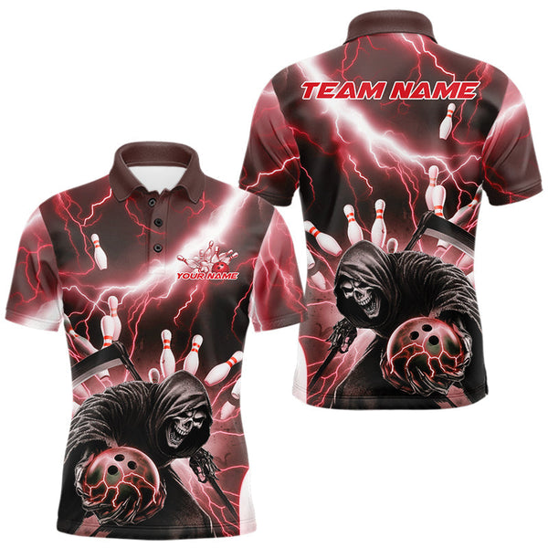 Maxcorners Custom Red Thunder Lightning Grim Reaper Bowling Men Polo Shirt, Halloween Bowling Outfit MT0609