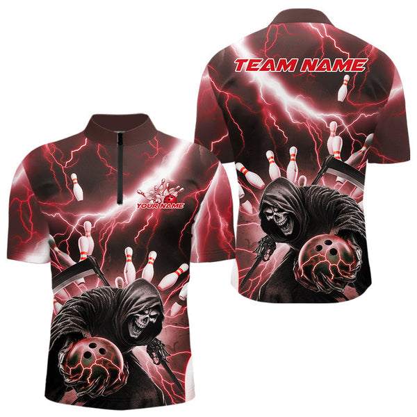 Maxcorners Custom Red Thunder Lightning Grim Reaper Bowling Men Polo Shirt, Halloween Bowling Outfit MT0609