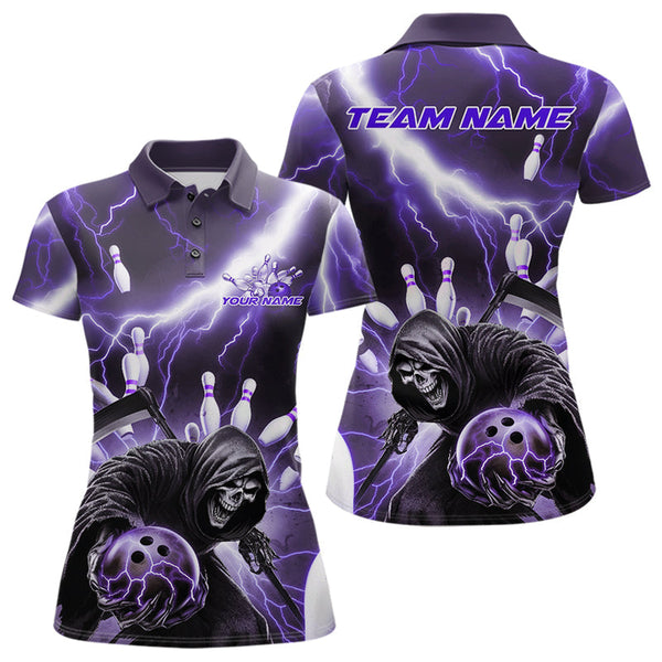 Maxcorners Custom Purple Thunder Lightning Grim Reaper Bowling Men Polo Shirt, Halloween Bowling Outfit MT0609