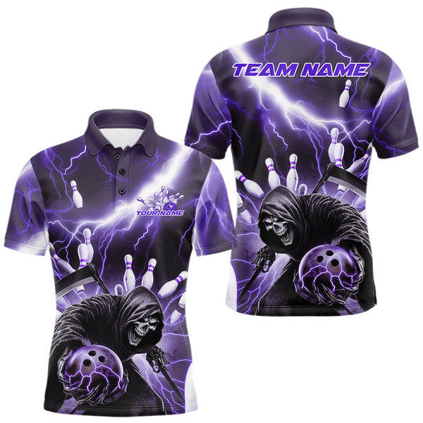 Maxcorners Custom Purple Thunder Lightning Grim Reaper Bowling Men Polo Shirt, Halloween Bowling Outfit MT0609