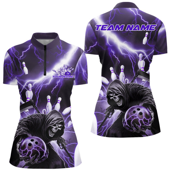 Maxcorners Custom Purple Thunder Lightning Grim Reaper Bowling Men Polo Shirt, Halloween Bowling Outfit MT0609