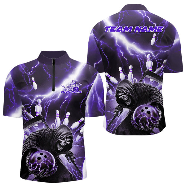 Maxcorners Custom Purple Thunder Lightning Grim Reaper Bowling Men Polo Shirt, Halloween Bowling Outfit MT0609