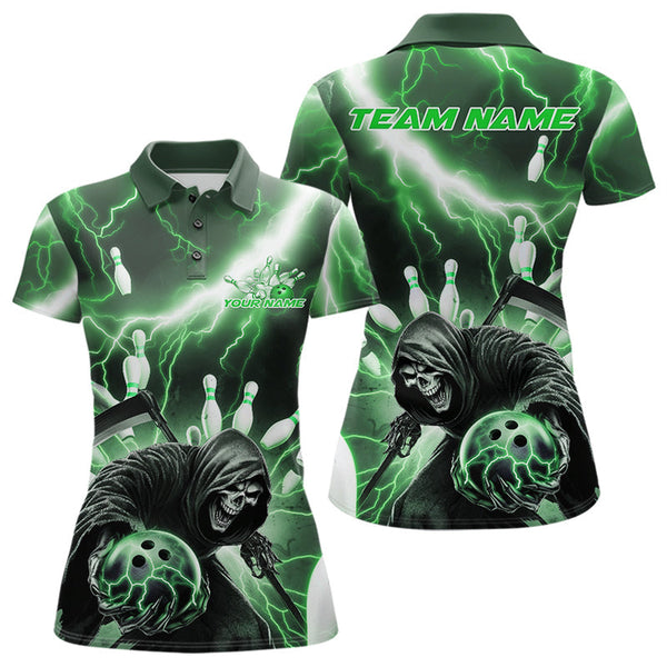 Maxcorners Custom Green Thunder Lightning Grim Reaper Bowling Men Polo Shirt, Halloween Bowling Outfit MT0609