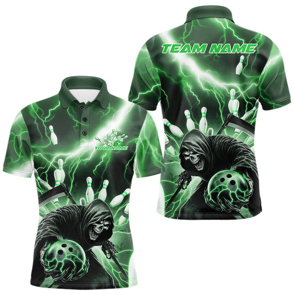 Maxcorners Custom Green Thunder Lightning Grim Reaper Bowling Men Polo Shirt, Halloween Bowling Outfit MT0609