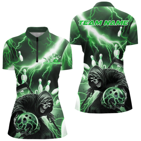 Maxcorners Custom Green Thunder Lightning Grim Reaper Bowling Men Polo Shirt, Halloween Bowling Outfit MT0609