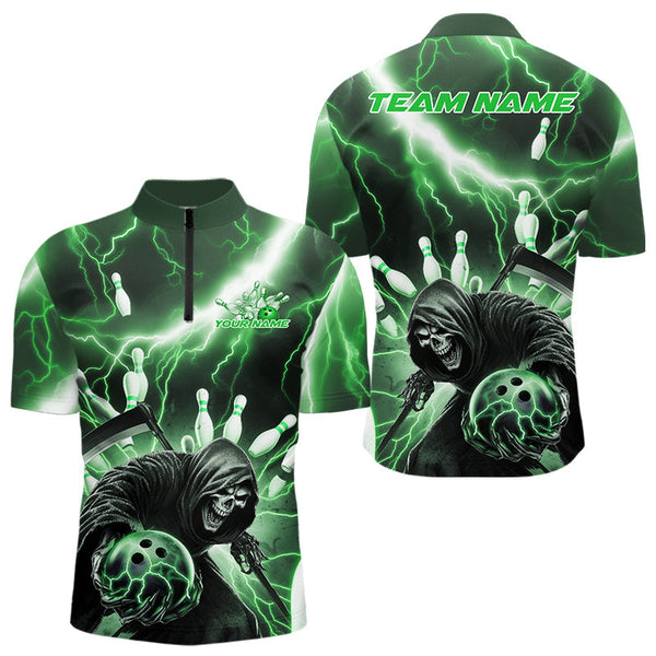 Maxcorners Custom Green Thunder Lightning Grim Reaper Bowling Men Polo Shirt, Halloween Bowling Outfit MT0609