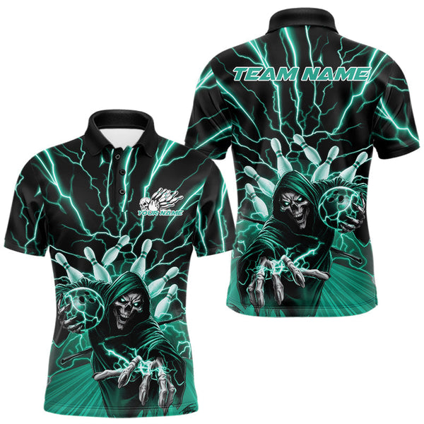 Maxcorners Custom Black And Green Lightning Grim Reaper Bowling Men Polo Shirt, Halloween Outfit MT0609