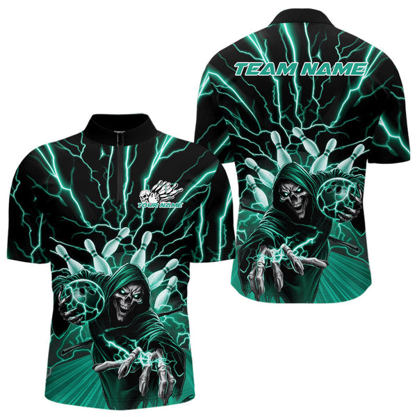Maxcorners Custom Black And Green Lightning Grim Reaper Bowling Men Polo Shirt, Halloween Outfit MT0609