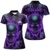 Maxcorners Custom Bowling Polo Shirts Men Purple Flame Skull Team Bowling Jerseys Halloween Bowler Outfits LM2509