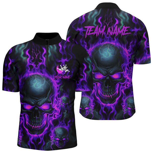 MaxCorners Bowling And Pins Purple Skull Flame Customized Name, Team Name 3D Stand Collar Zipper Polo Shirt For Men