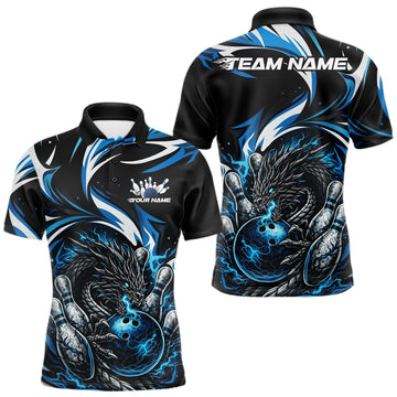 Maxcorners Custom Blue Lightning Dragon Bowling Men Polo Shirts, Dragon Bowling League Shirt
