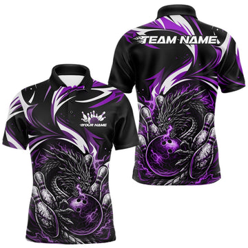 Maxcorners Custom Purple Lightning Dragon Bowling Men Polo Shirts, Dragon Bowling League Shirt