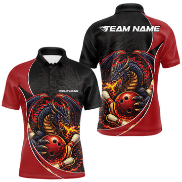 Maxcorners Custom Black And Red Fire Dragon Bowling Jerseys, Dragon Bowling Team Men Polo Shirt