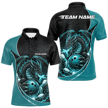 Maxcorners Custom Turquoise Blue Fire Dragon Bowling Jerseys, Dragon Bowling Team Men Polo Shirt