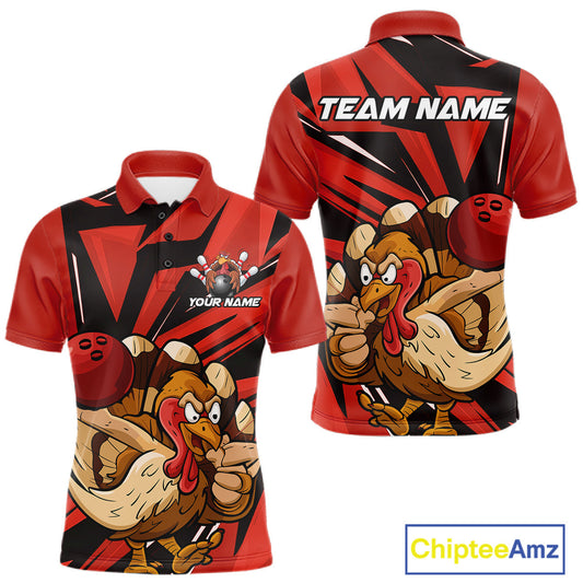 Maxcorners Custom Funny Turkey Bowling Shirts For Men, Red Thanksgiving Bowling Shirt Team Uniform LM0602