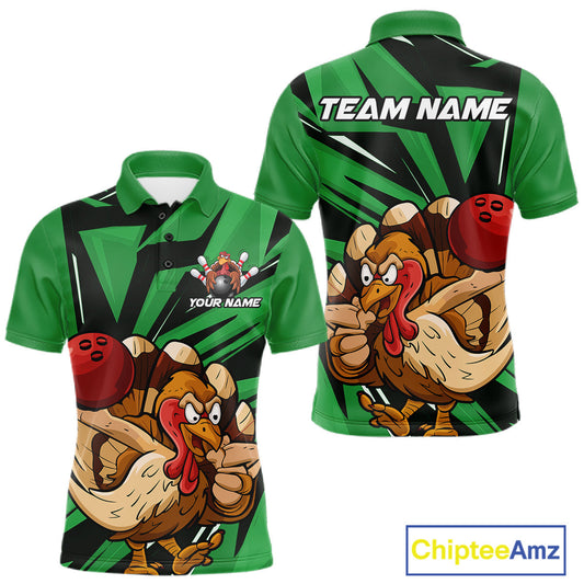 Maxcorners Custom Funny Turkey Bowling Shirts For Men, Green Thanksgiving Bowling Shirt Team Uniform LM0602