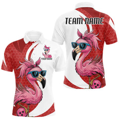 Maxcorners Custom Funny Red Flamingo Bowling Men Polo Shirt, Bowling League Bowlers Outfit LM0602