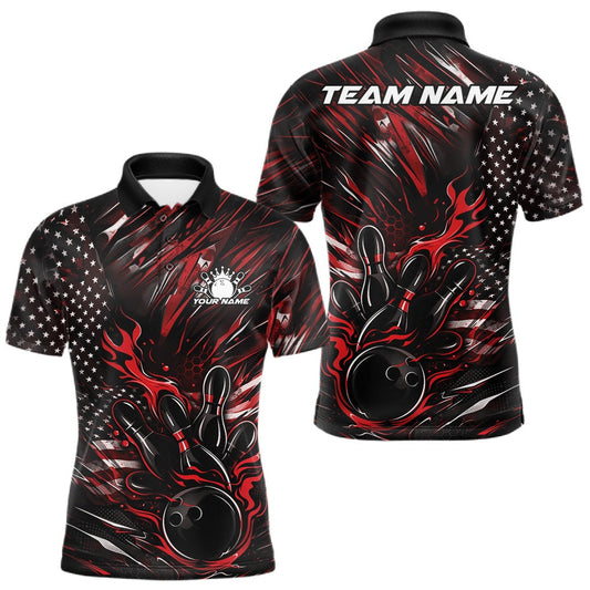 Maxcorners Custom Black And Red Patriotic Flame Bowling Jerseys, US Flag Bowling Shirt For Men LM0404