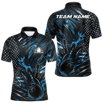 Maxcorners Custom Black And Blue Patriotic Flame Bowling Jerseys, US Flag Bowling Shirt For Men LM0404