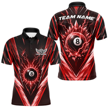 Maxcorners Custom Red Icy Lightning 8 Ball Billiards Men Polo Shirt, Billiards Team Jerseys