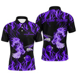 Maxcorners Custom Black And Purple Flame Eagle Bowling Team Men Polo Shirts, Eagle Bowling League Shirt