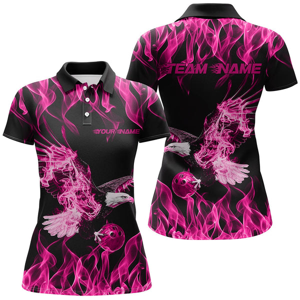 Maxcorners Custom Black And Pink Flame Eagle Bowling Team Men Polo Shirts, Eagle Bowling League Shirt 