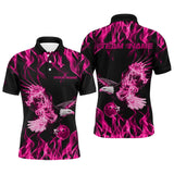 Maxcorners Custom Black And Pink Flame Eagle Bowling Team Men Polo Shirts, Eagle Bowling League Shirt 