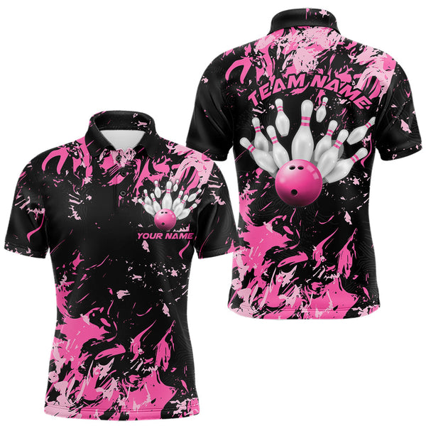 Maxcorners Black And Pink Custom Bowling Team Men Polo Shirts, Bowling Ball And Pin Bowling Jerseys