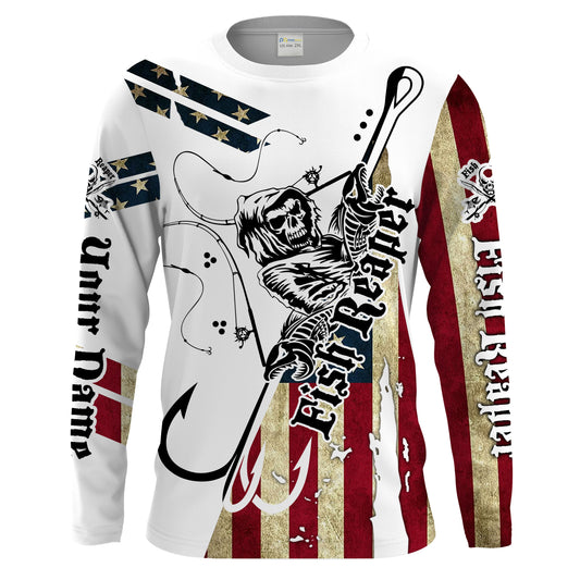 Maxcorners Fish reaper American Flag Custom Men Long Sleeve performance Fishing Shirts, Patriotic Fishing jerseys - LM0501