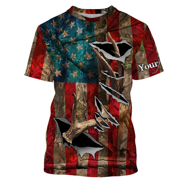 Maxcorners Custom Name American Flag Deer Horn Shirt 3D All Over Printed Clothes