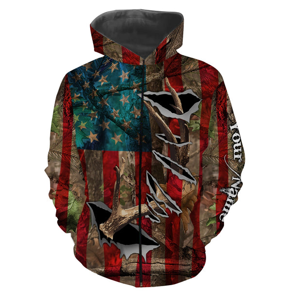 Maxcorners Custom Name American Flag Deer Horn Shirt 3D All Over Printed Clothes