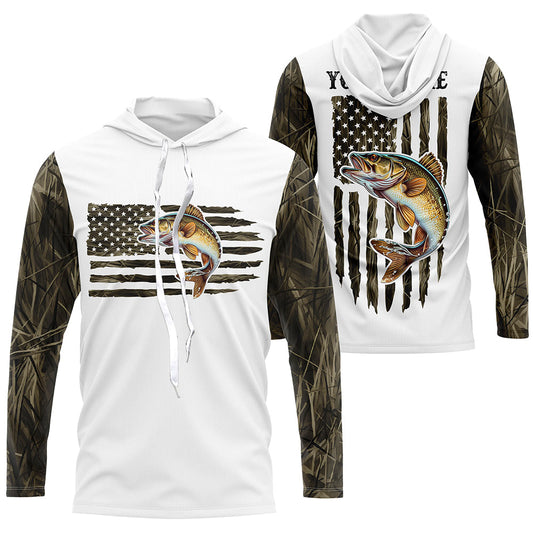 Maxcorners Personalized American Flag Walleye Long Sleeve Fishing Camo Shirts, Patriotic Walleye Fishing Jersey LM0501