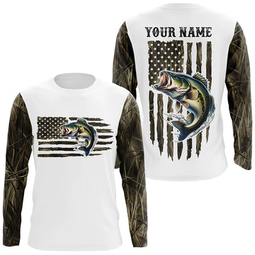 Maxcorners Personalized American Flag Bass Long Sleeve Fishing Camo Shirts, Patriotic Bass Fishing Jersey LM0201