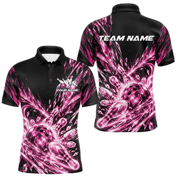 Maxcorners Icy Pink Custom Crystal Ice Bowling Team Men Polo Shirt, Bowling Tournament Jersey